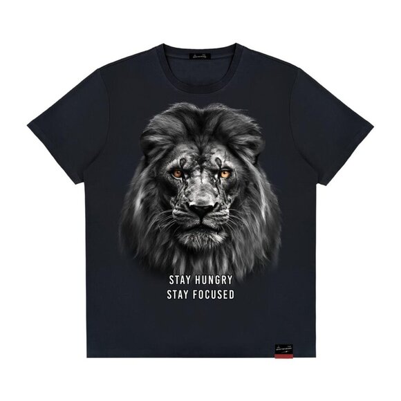 Stay Hungry Black Short Sleeve Tee with Lion Graphic - Picture 1 of 5